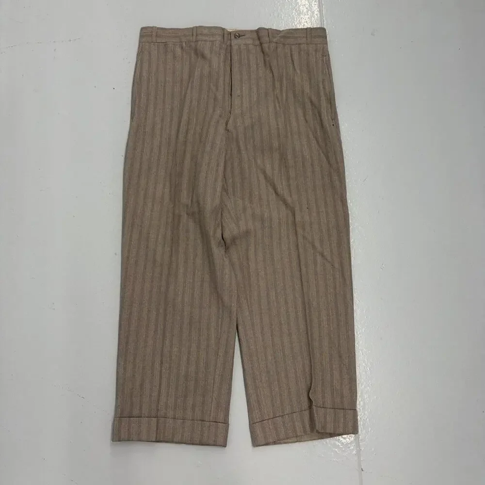 NOS Vintage 50s Tan Striped Wool Buttonfly Trousers 36x27